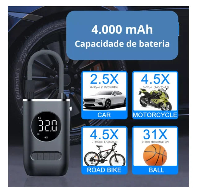 Bomba e Compressor de Ar Portátil Recarregável