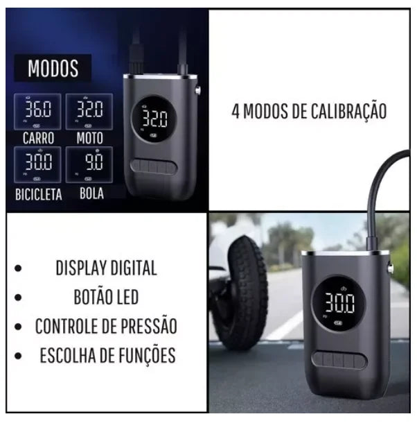 Bomba e Compressor de Ar Portátil Recarregável